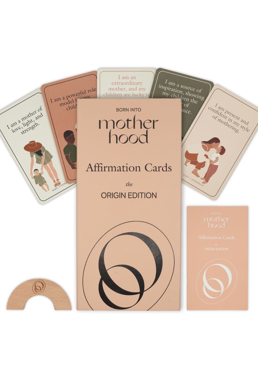 Origin Edition motherhood affirmation cards with teak stand