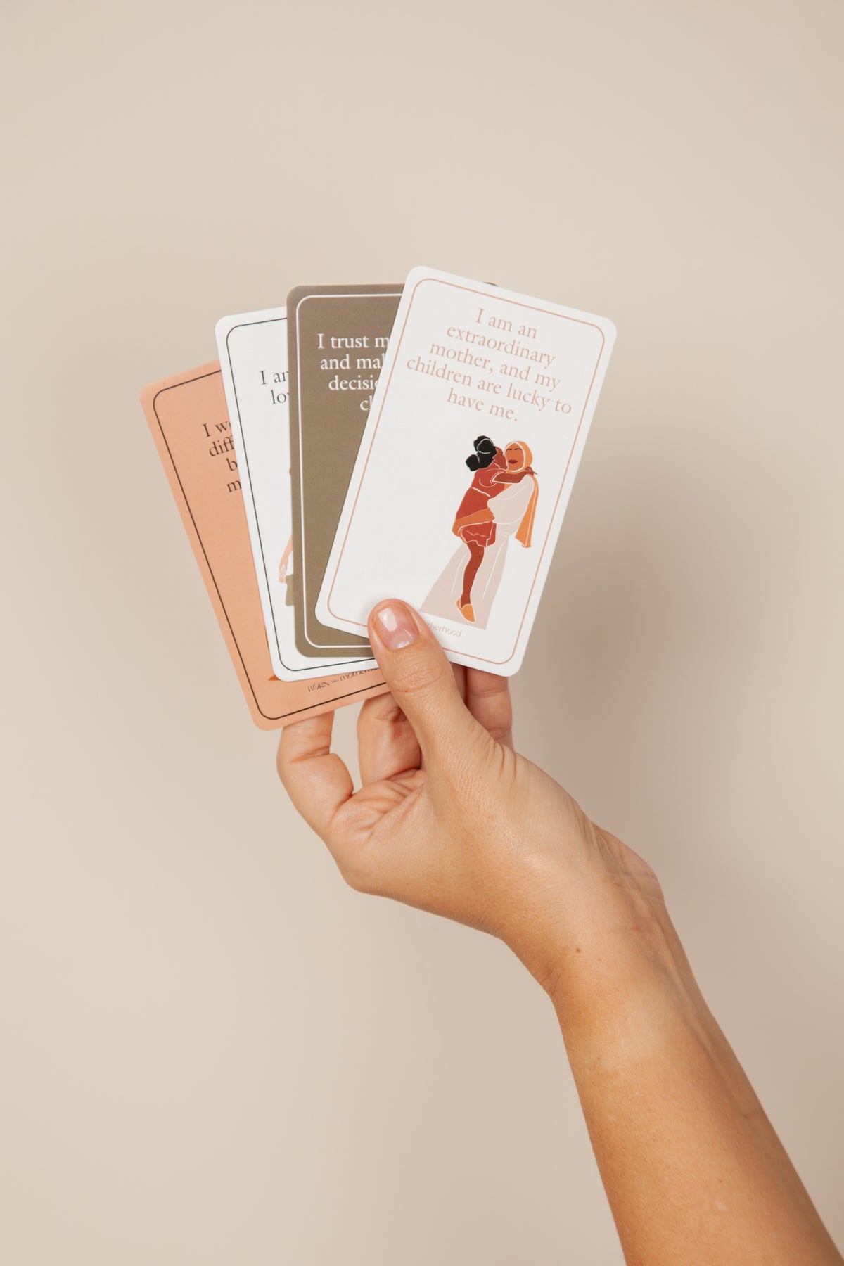 Motherhood affirmation cards with serene artwork