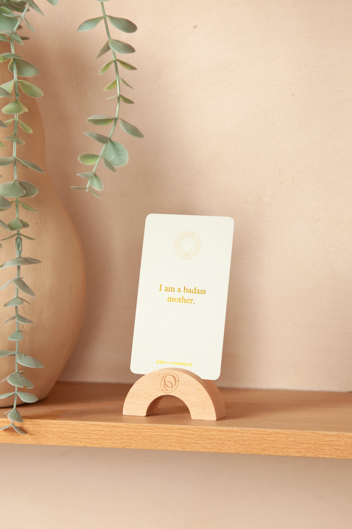 Badass Edition bold motherhood affirmation cards with teak stand
