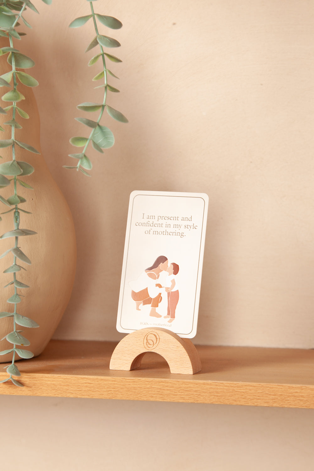 Origin Edition motherhood affirmation cards with teak stand
